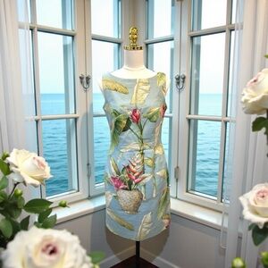 Maggy London Tropical Palms Sheath Dress Beading Sz 8 Vacation Beach Resort Wear